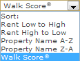 Drop down menu from MyNewPlace that uses Walk Score as a real estate search criteria