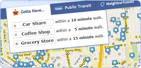 rental search results near coffee shops, car shares and grocery stores screenshot